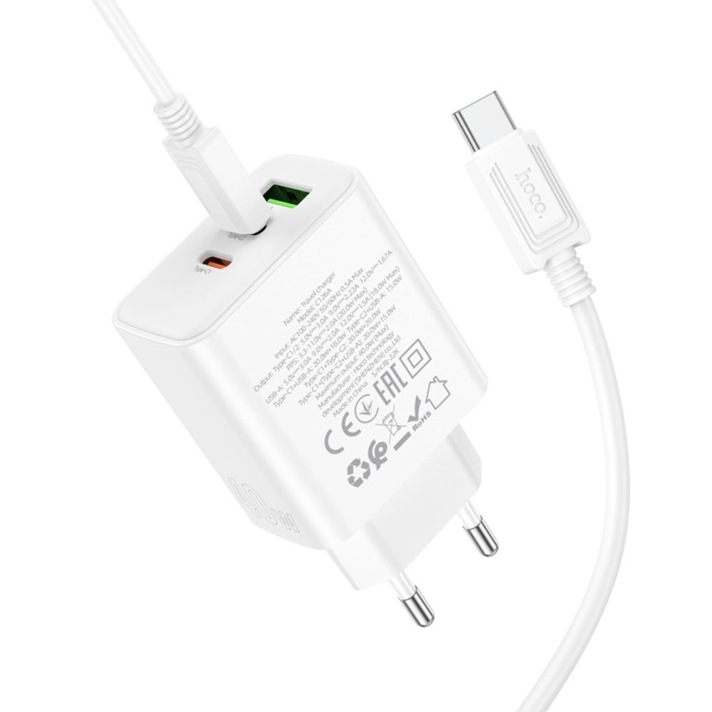 Сетевое зарядное устройство Hoco C126A, 1 USB, 2 Type-C, PowerDelivery (40 Вт), белое, с кабелем Type-C на Type-C