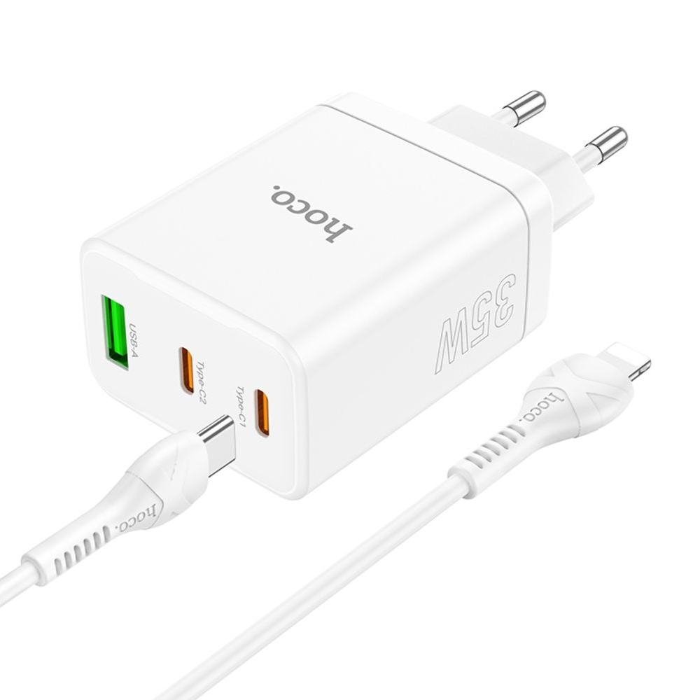 Сетевое зарядное устройство Hoco N33, 1 USB, 2 Type-C, PowerDelivery (35 Вт), белое, с кабелем Type-C на Lightning