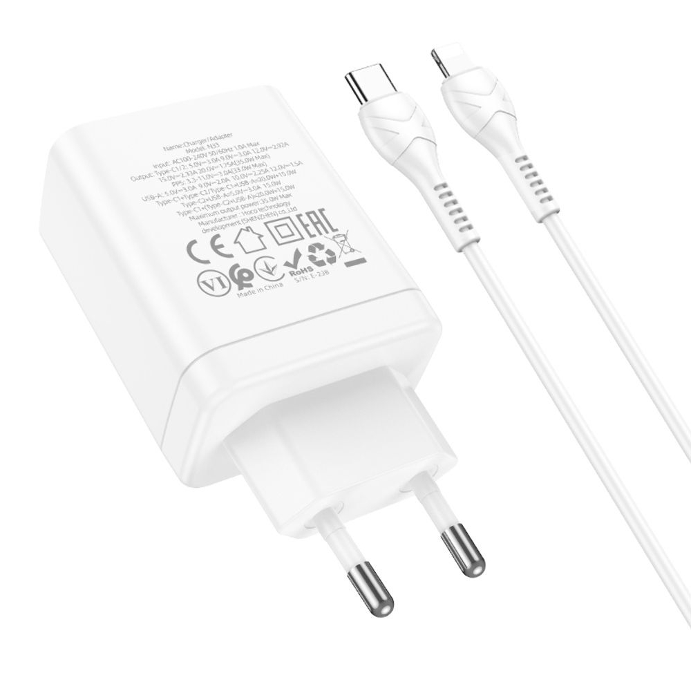 Сетевое зарядное устройство Hoco N33, 1 USB, 2 Type-C, PowerDelivery (35 Вт), белое, с кабелем Type-C на Lightning