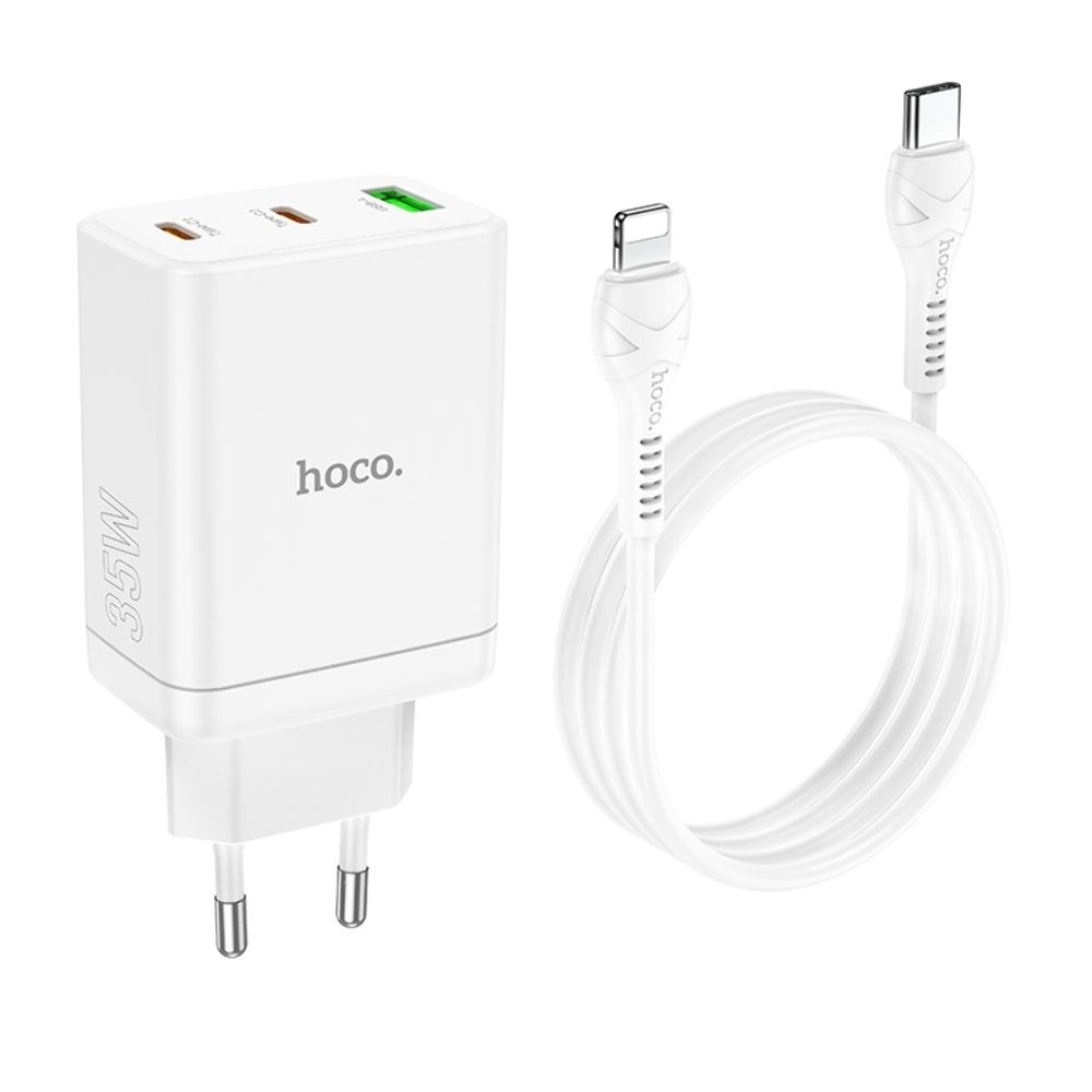 Сетевое зарядное устройство Hoco N33, 1 USB, 2 Type-C, PowerDelivery (35 Вт), белое, с кабелем Type-C на Lightning