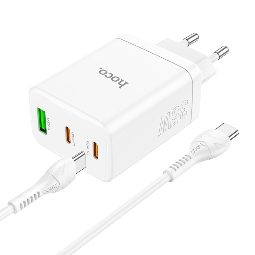 Сетевое зарядное устройство Hoco N33, 1 USB, 2 Type-C, PowerDelivery (35 Вт), белое, с кабелем Type-C на Type-C