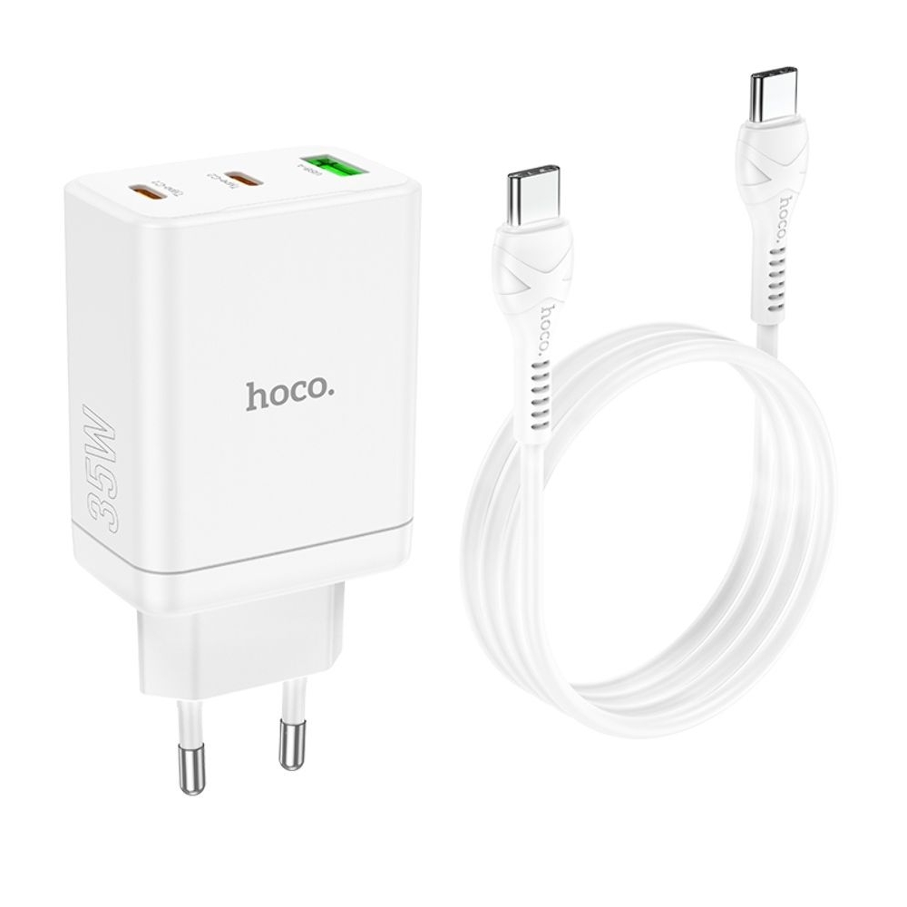 Сетевое зарядное устройство Hoco N33, 1 USB, 2 Type-C, PowerDelivery (35 Вт), белое, с кабелем Type-C на Type-C