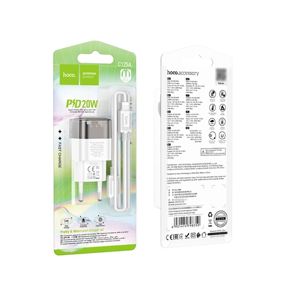 Сетевое зарядное устройство Hoco C125A, черное, с кабелем Type-C на Lightning