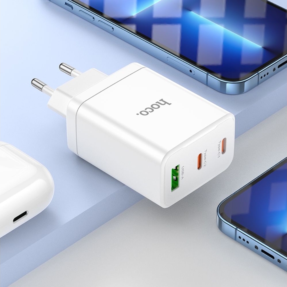 Сетевое зарядное устройство Hoco N33, 1 USB, 2 Type-C, PowerDelivery (35 Вт), белое
