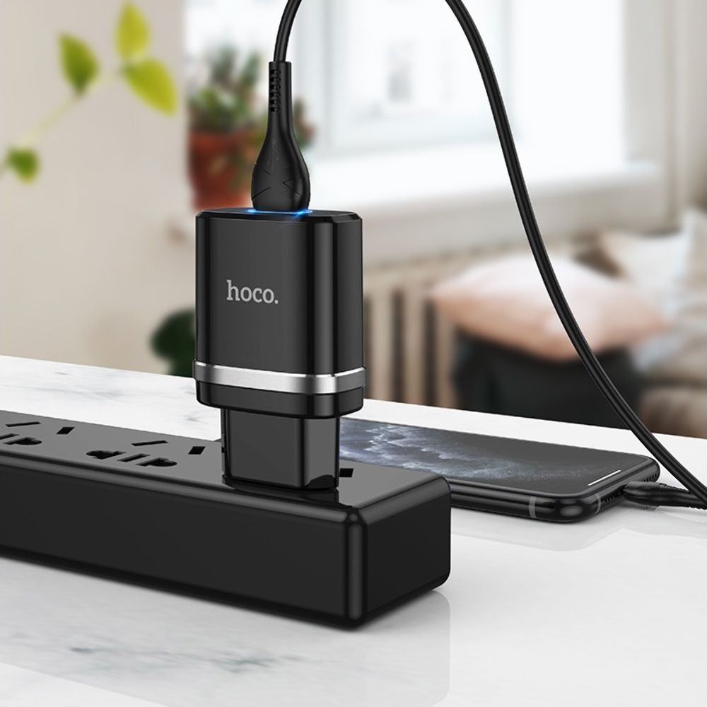 Сетевое зарядное устройство Hoco N1, 1 USB, черное, с кабелем Type-C
