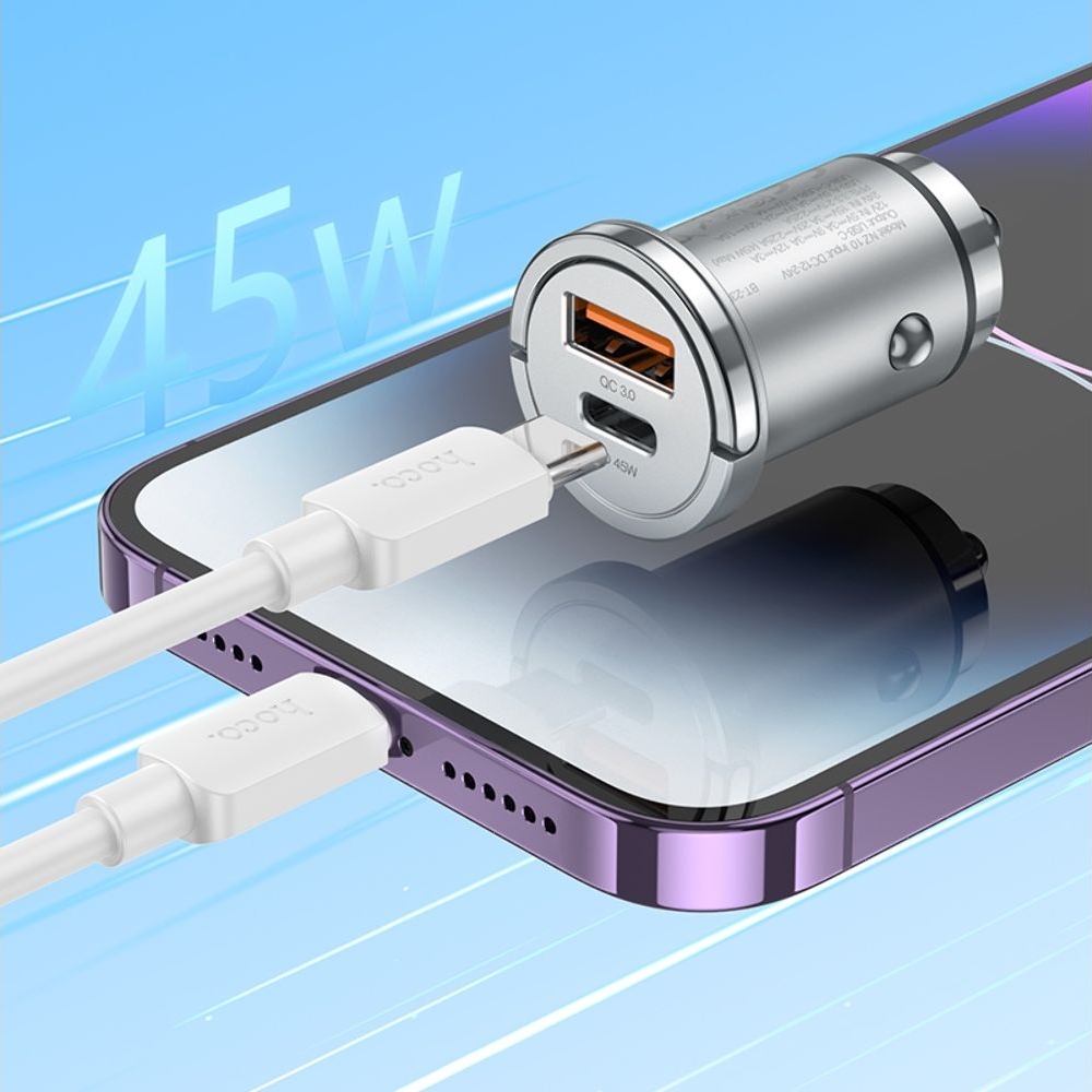 Автомобильний зарядний пристрій Hoco NZ10, USB, Type-C, Power Delivery (45 Вт), серебристый + кабель, Type-C на Lightning | зарядка, зарядное устройство