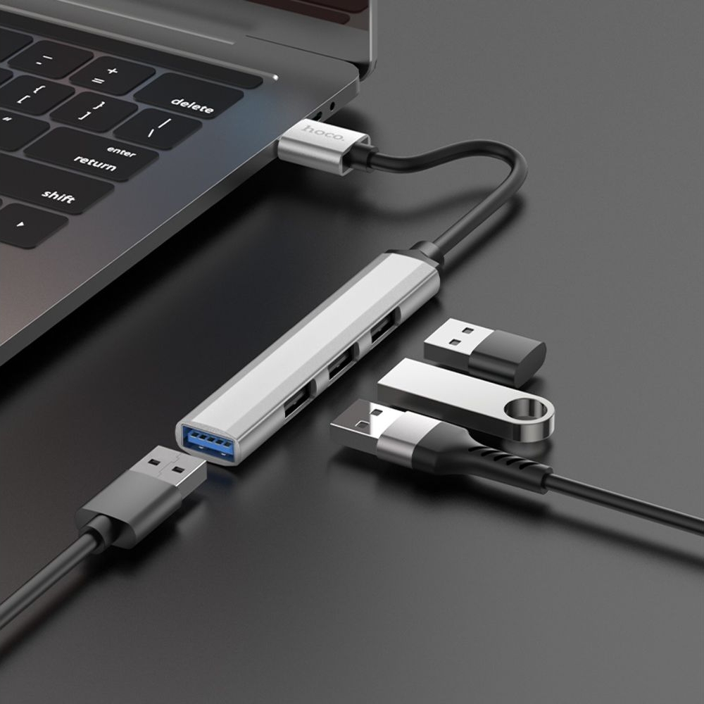 Мультиадаптер хаб Hoco HB26 4в1 USB на USB 3.0 (F), 3 USB 2.0 (F) 0.13m, серебристый