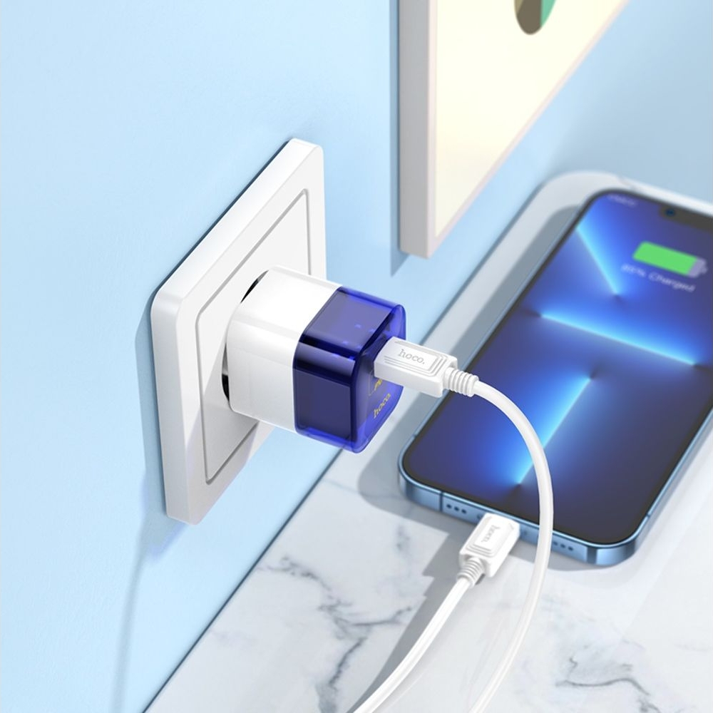 Сетевое зарядное устройство Hoco C125A, Type-C, синее, с кабелем Type-C на Lightning
