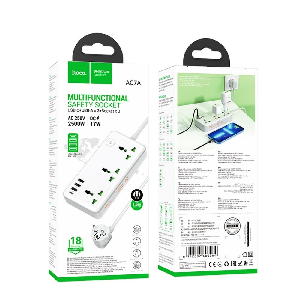 Сетевое зарядное устройство удлинитель Hoco AC7A, 3 USB, 1 Type-C 3 розетки, 150 см, белое