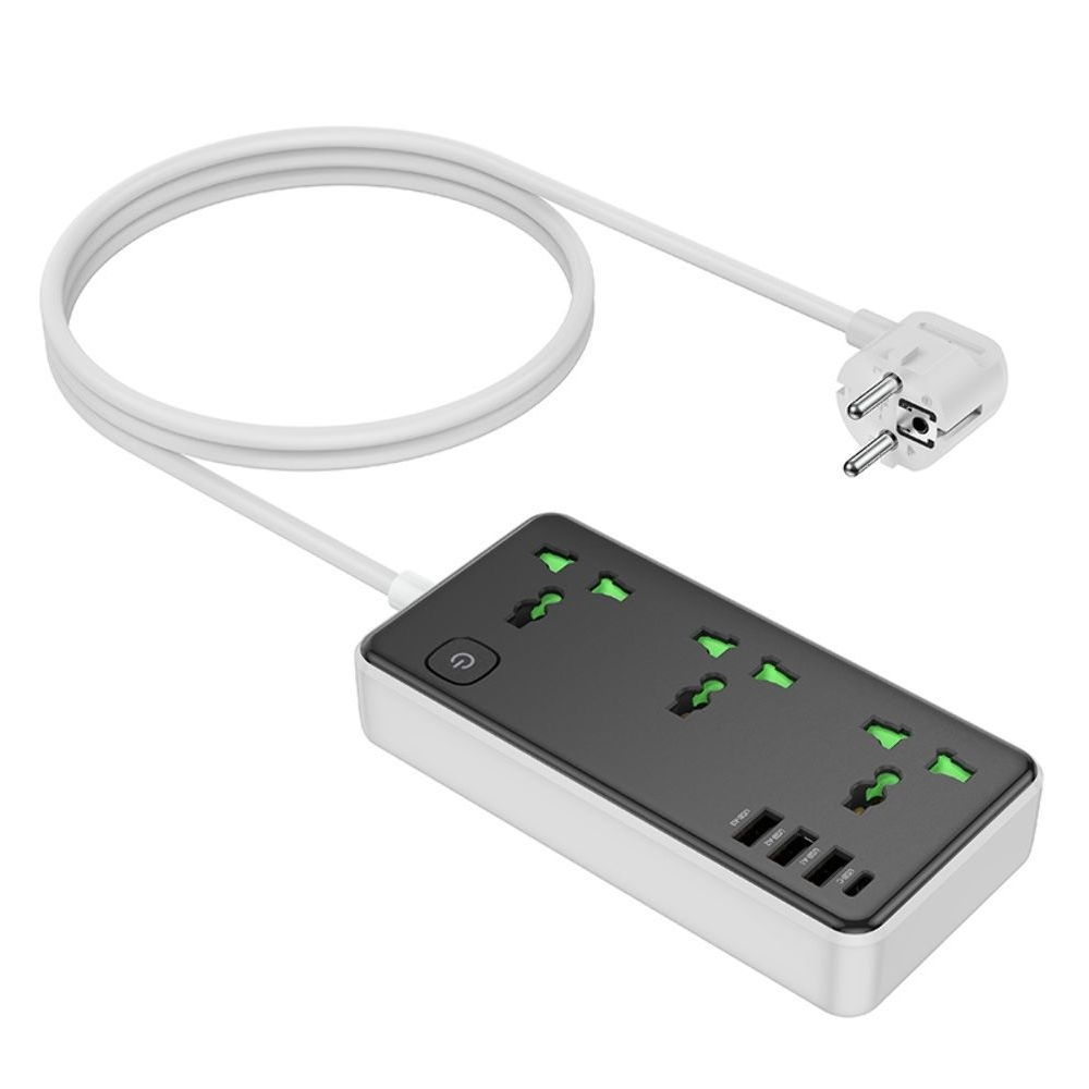 Сетевое зарядное устройство удлинитель Hoco AC7A, 3 USB, 1 Type-C 3 розетки, 150 см, чорний