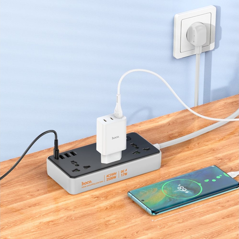 Сетевое зарядное устройство удлинитель Hoco AC7A, 3 USB, 1 Type-C 3 розетки, 150 см, чорний