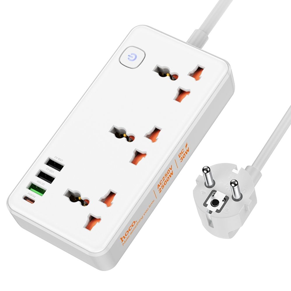 Сетевое зарядное устройство удлинитель Hoco AC8A, 3 USB, 1 Type-C, PowerDelivery (30 Вт), QuickCharge, 3 розетки, 150 см, білий