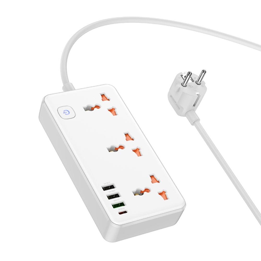 Сетевое зарядное устройство удлинитель Hoco AC8A, 3 USB, 1 Type-C, PowerDelivery (30 Вт), QuickCharge, 3 розетки, 150 см, білий
