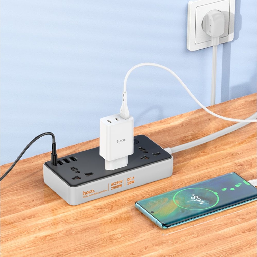 Сетевое зарядное устройство удлинитель Hoco AC8A, 3 USB, 1 Type-C, PowerDelivery (30 Вт), QuickCharge, 3 розетки, 150 см, чорний