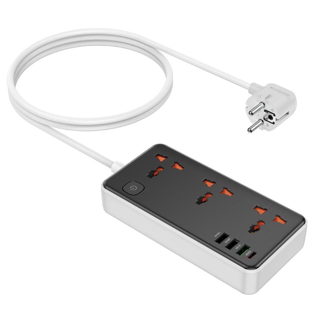 Сетевое зарядное устройство удлинитель Hoco AC8A, 3 USB, 1 Type-C, PowerDelivery (30 Вт), QuickCharge, 3 розетки, 150 см, чорний