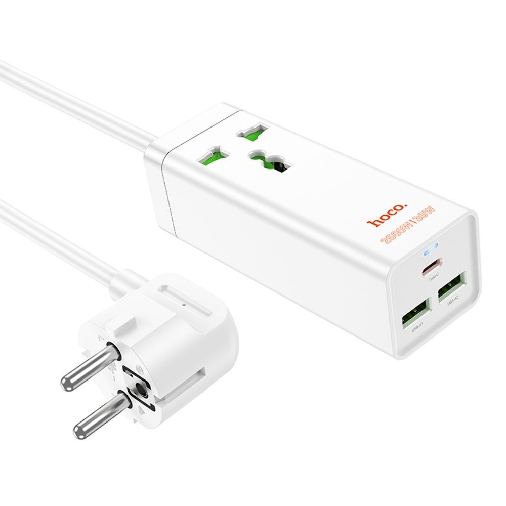 Сетевое зарядное устройство удлинитель Hoco AC9A, 2 USB, 1 Type-C, PowerDelivery (30 Вт), QuickCharge, 1 розетка, 150 см, білий