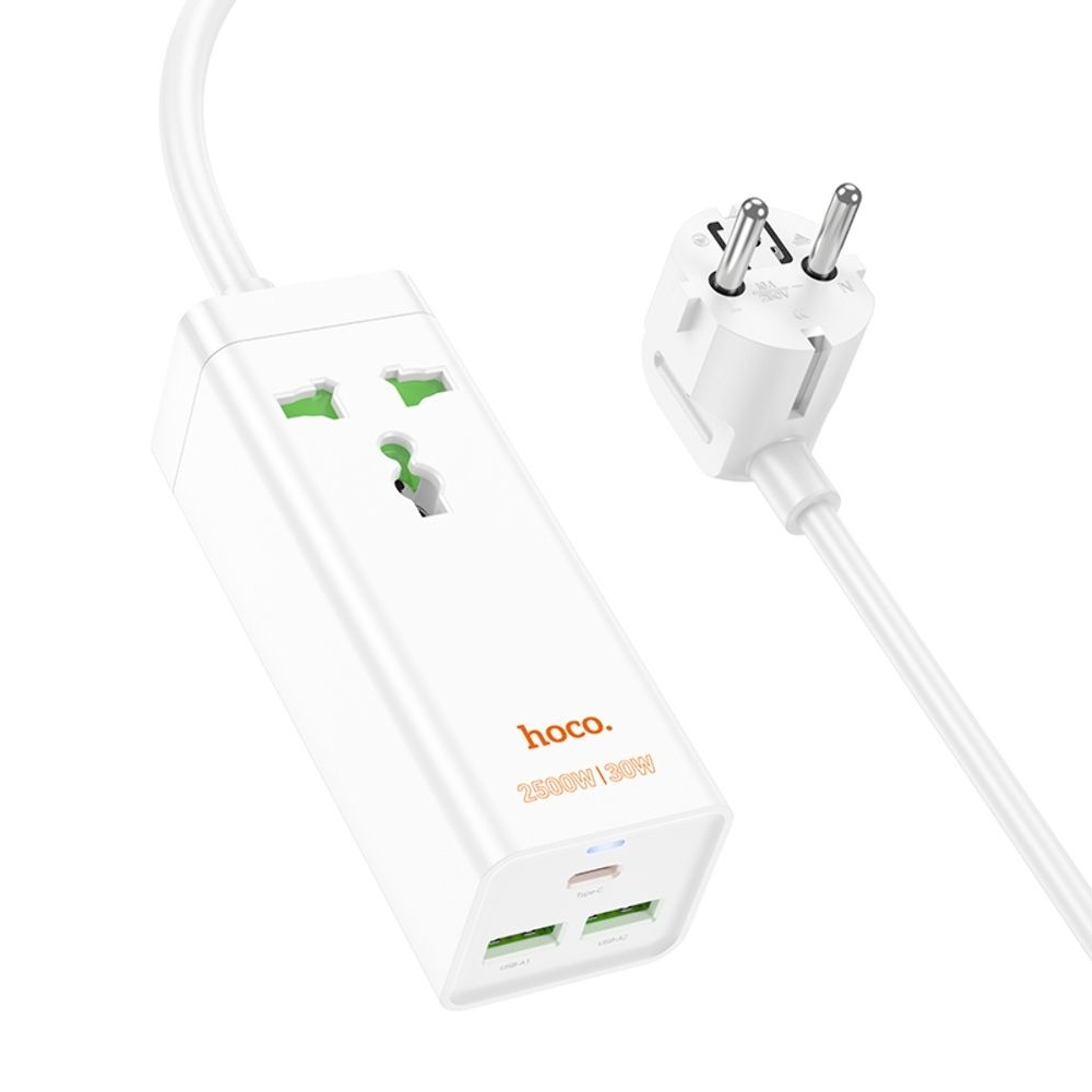 Сетевое зарядное устройство удлинитель Hoco AC9A, 2 USB, 1 Type-C, PowerDelivery (30 Вт), QuickCharge, 1 розетка, 150 см, білий