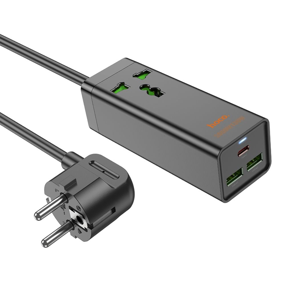 Сетевое зарядное устройство удлинитель Hoco AC9A, 2 USB/Type-C, PowerDelivery, QuickCharge (30 Вт), 1 розетка, 150 см, чорний