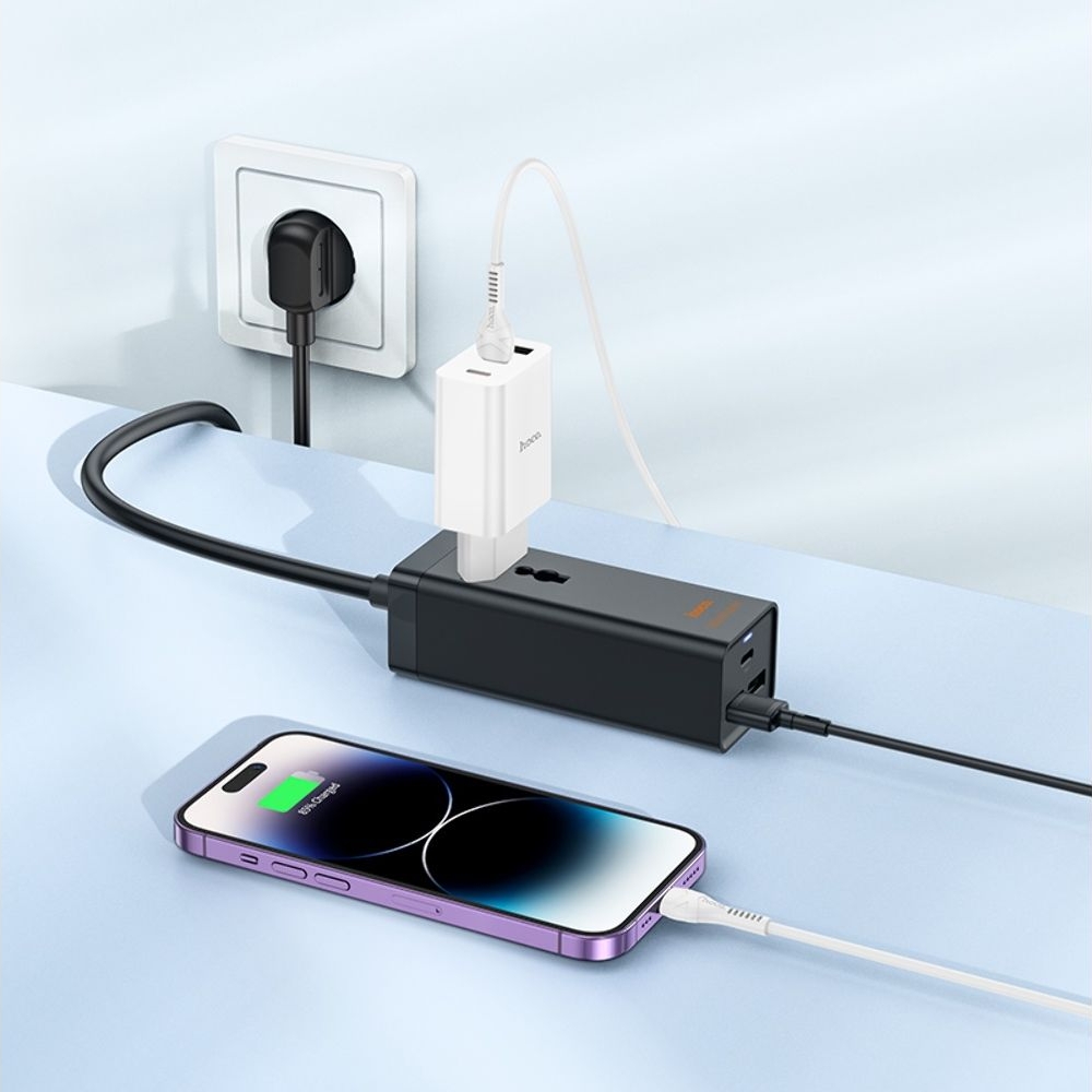 Сетевое зарядное устройство удлинитель Hoco AC9A, 2 USB/Type-C, PowerDelivery, QuickCharge (30 Вт), 1 розетка, 150 см, чорний