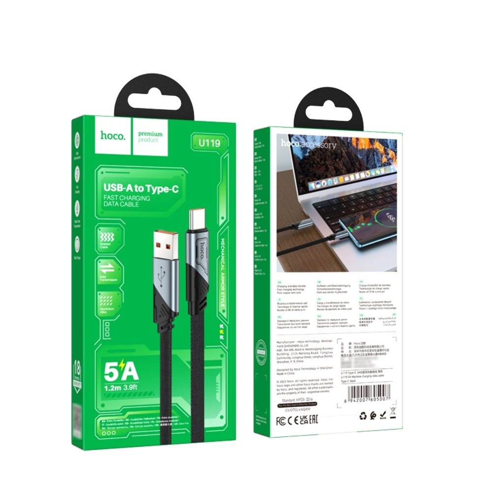USB-кабель Hoco U119, Type-C 5A, 100 см, чорний