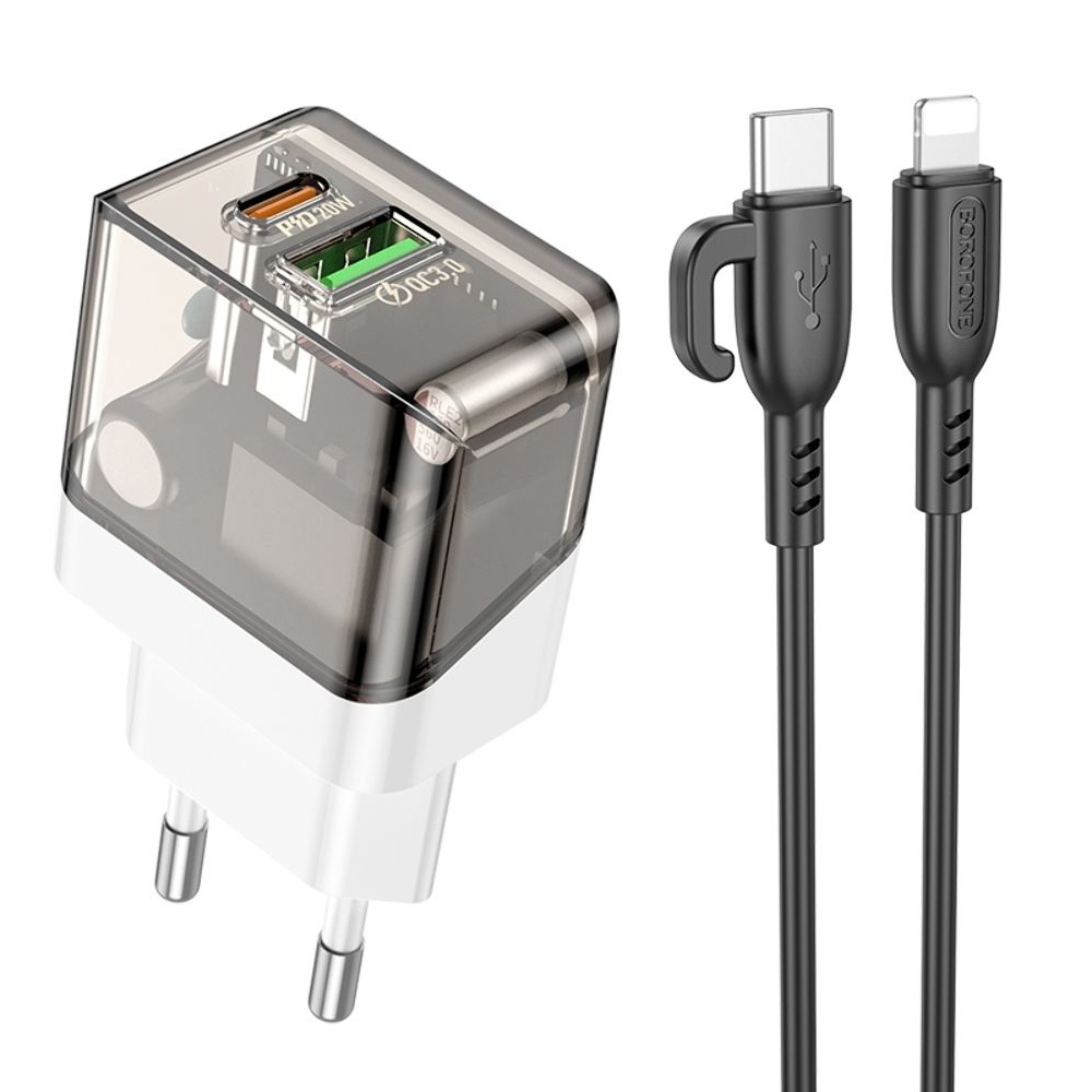 Сетевое зарядное устройство Borofone BA80A USB, Type-C, PD QC прозрачно-, черное + кабель, Type-C на Lightning