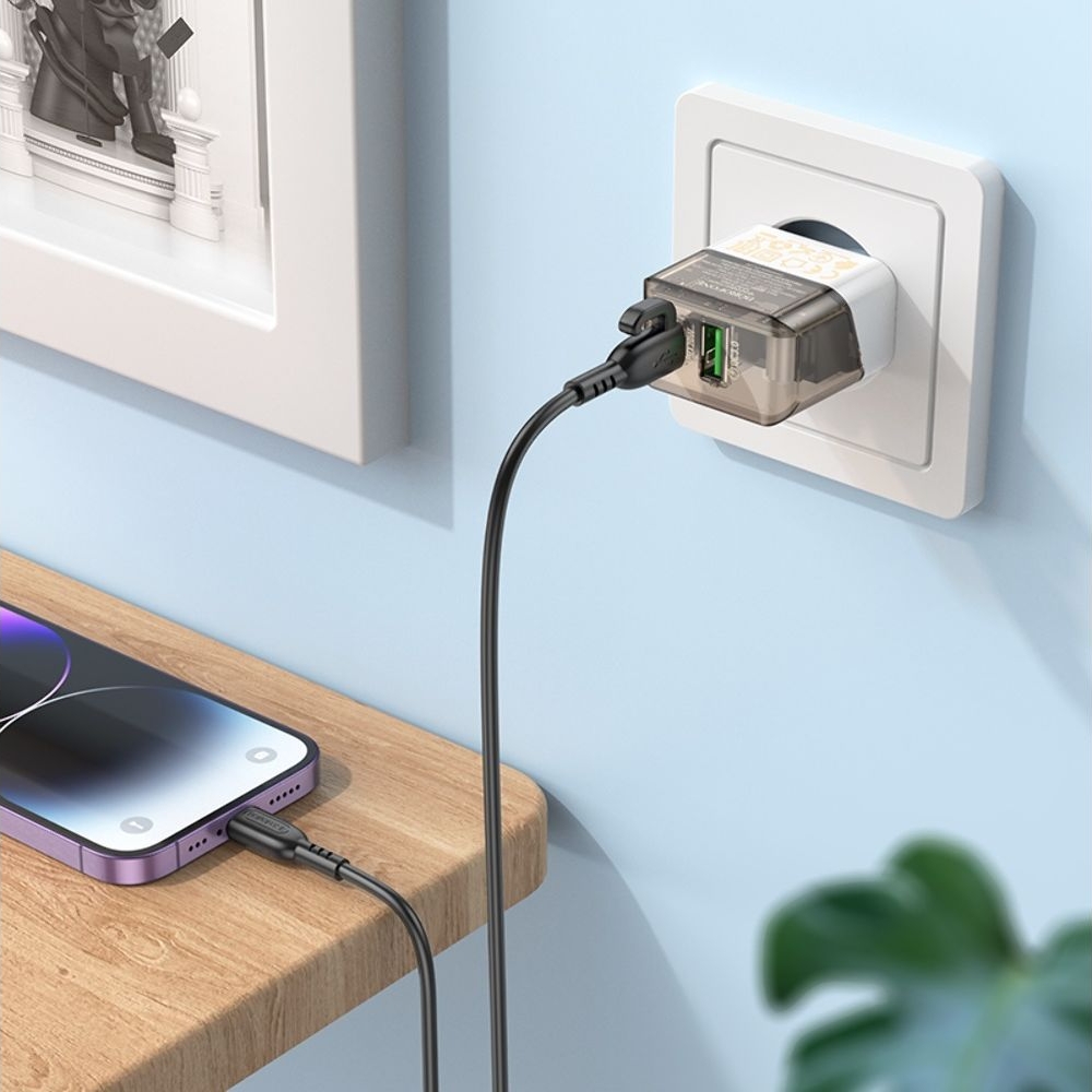 Сетевое зарядное устройство Borofone BA80A USB, Type-C, PD QC прозрачно-, черное + кабель, Type-C на Lightning