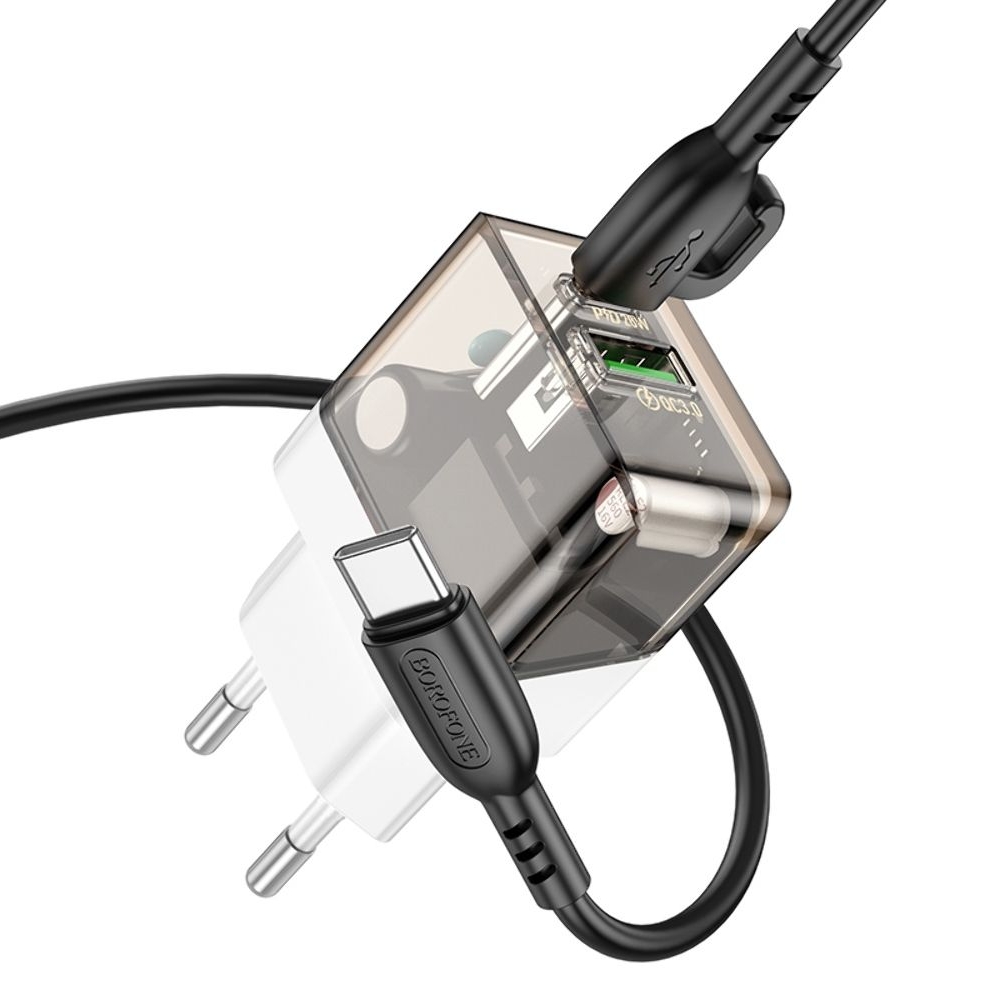 Сетевое зарядное устройство Borofone BA80A USB, Type-C, PD QC прозрачно-, черное + кабель, Type-C на Type-C