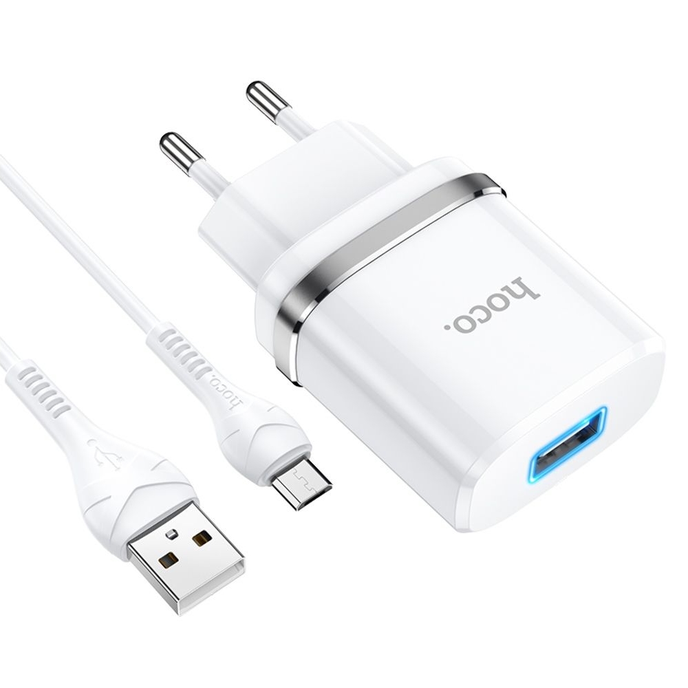 Сетевое зарядное устройство Hoco N1, 1 USB, белое, с кабелем MicroUSB