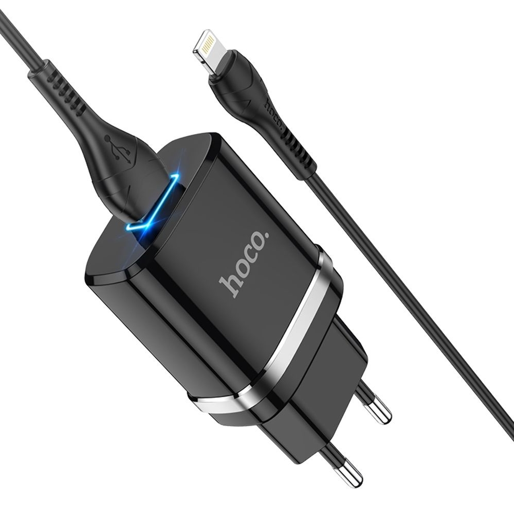 Сетевое зарядное устройство Hoco N1, 1 USB, черное, с кабелем Lightning