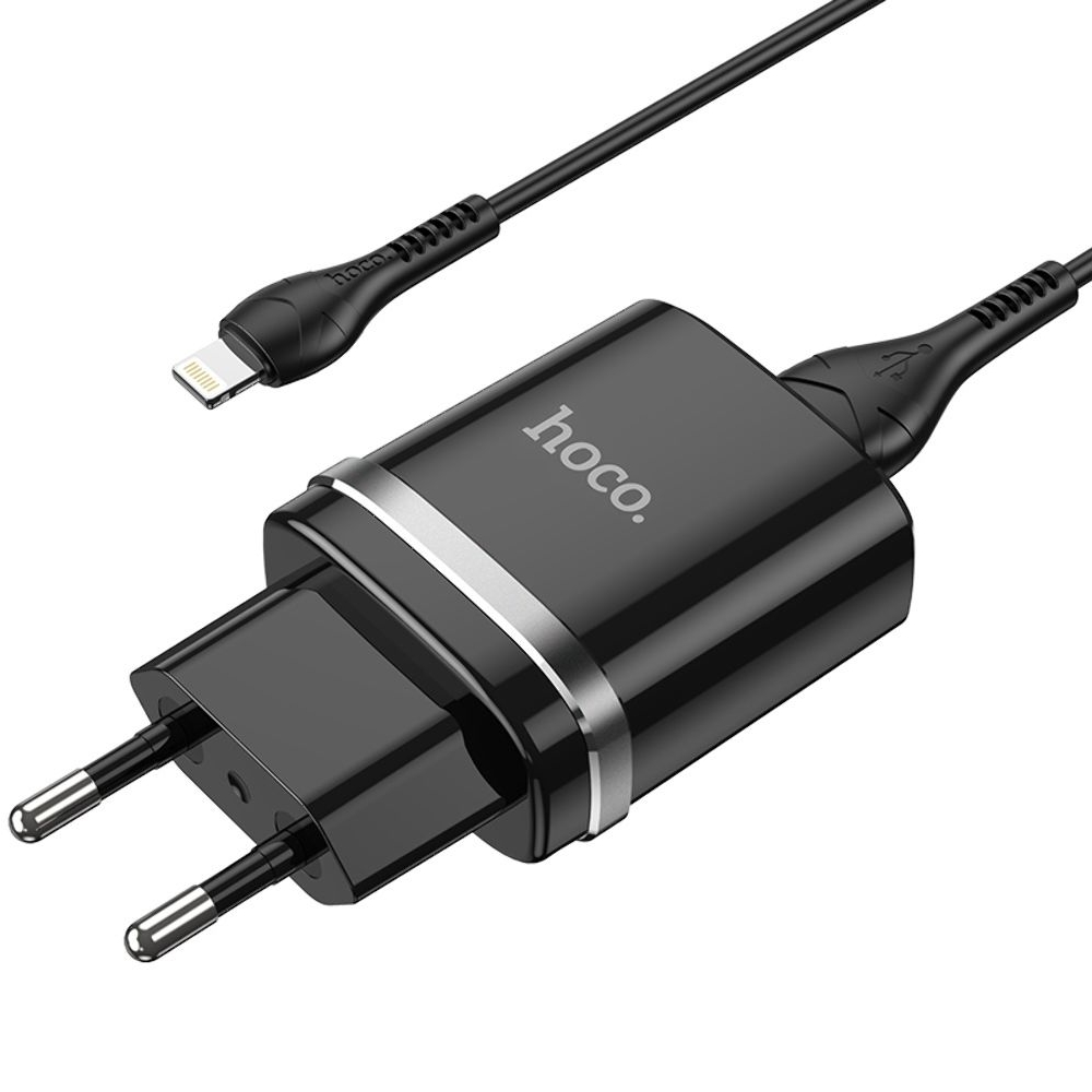 Сетевое зарядное устройство Hoco N1, 1 USB, черное, с кабелем Lightning