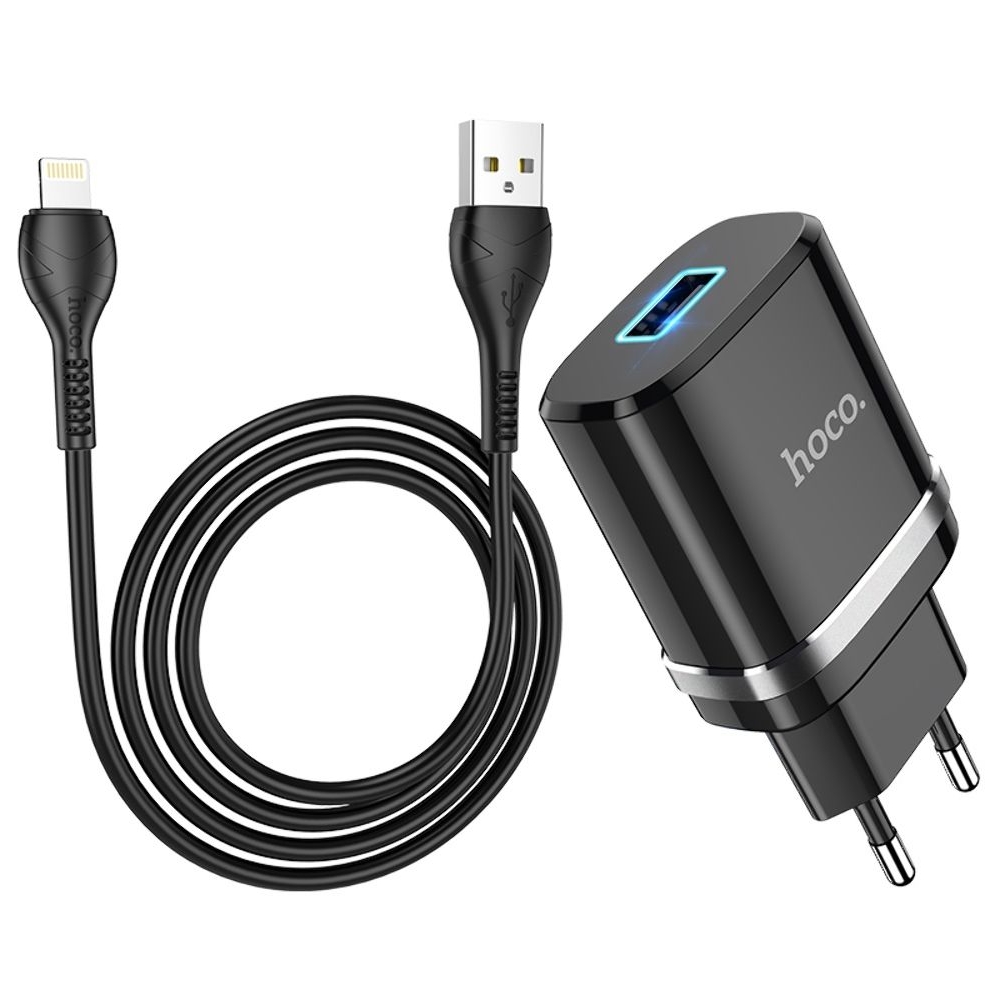 Сетевое зарядное устройство Hoco N1, 1 USB, черное, с кабелем Lightning