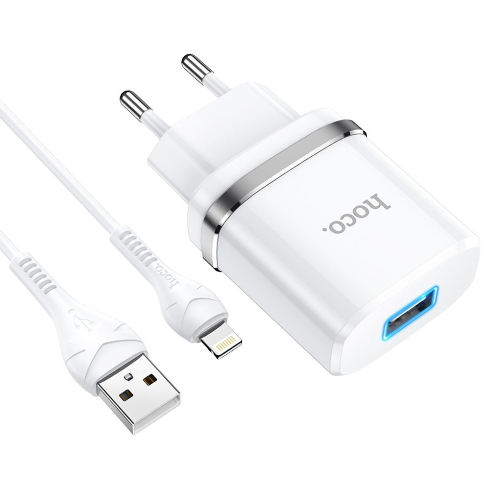 Сетевое зарядное устройство Hoco N1, 1 USB, белое, с кабелем Lightning