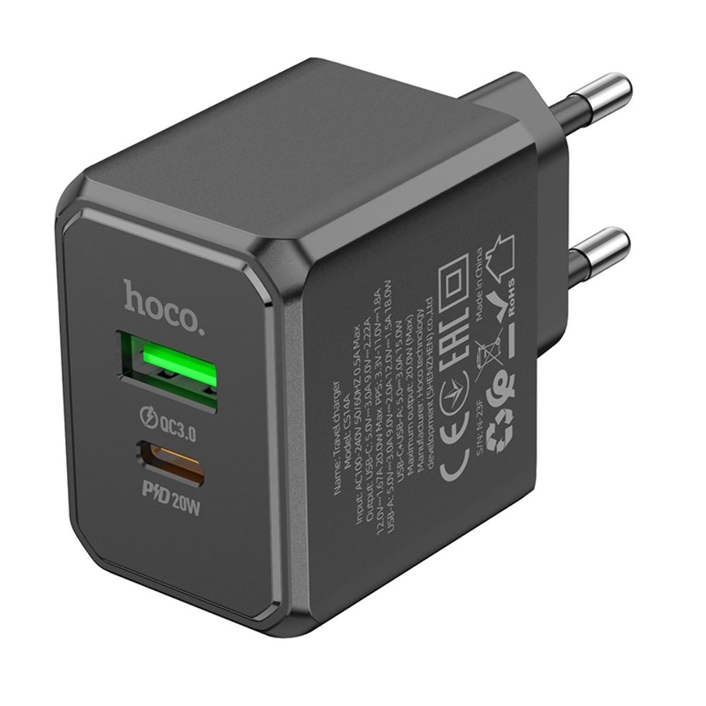 Сетевое зарядное устройство Hoco CS14A, USB, Type-C, Quick Charge, PowerDelivery, черное