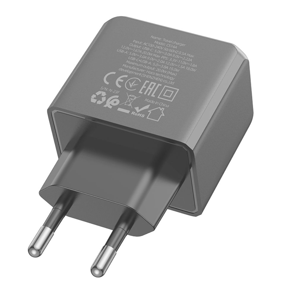 Сетевое зарядное устройство Hoco CS14A, USB, Type-C, Quick Charge, PowerDelivery, черное