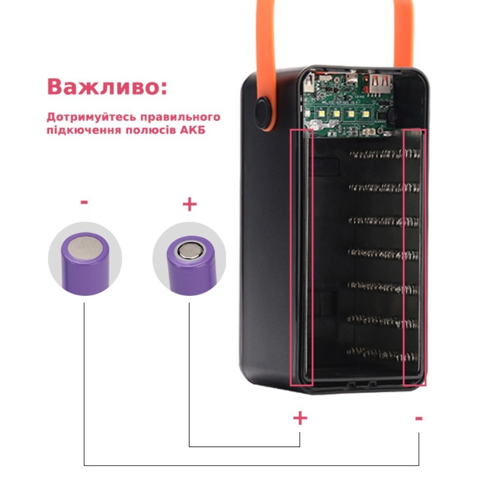Корпус Multi-powerbank S28, под элементы 18650 до 28 шт, 22.5W, с фонарём, чорний