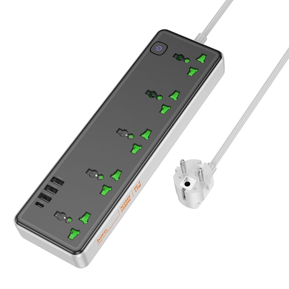 Сетевое зарядное устройство удлинитель Hoco AC13A, 3 USB, 1 Type-C, 5 розеток, 100 см, чорний