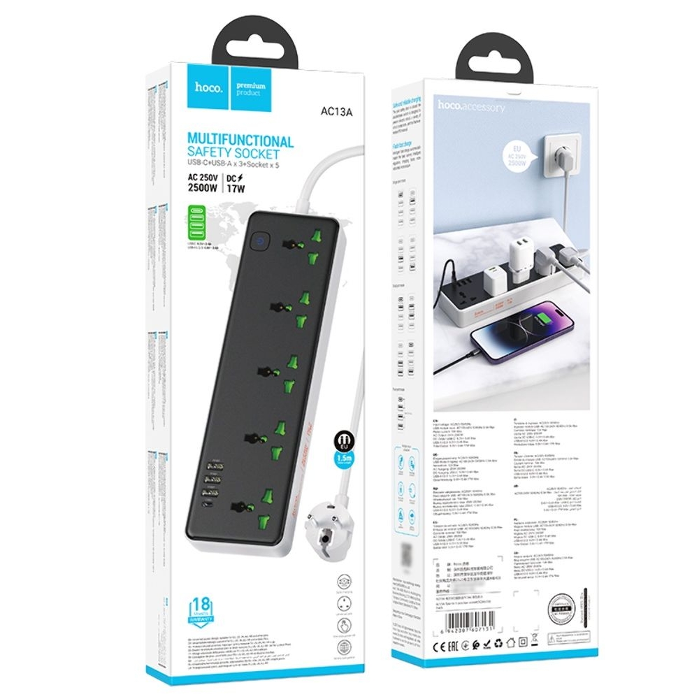 Сетевое зарядное устройство удлинитель Hoco AC13A, 3 USB, 1 Type-C, 5 розеток, 100 см, чорний