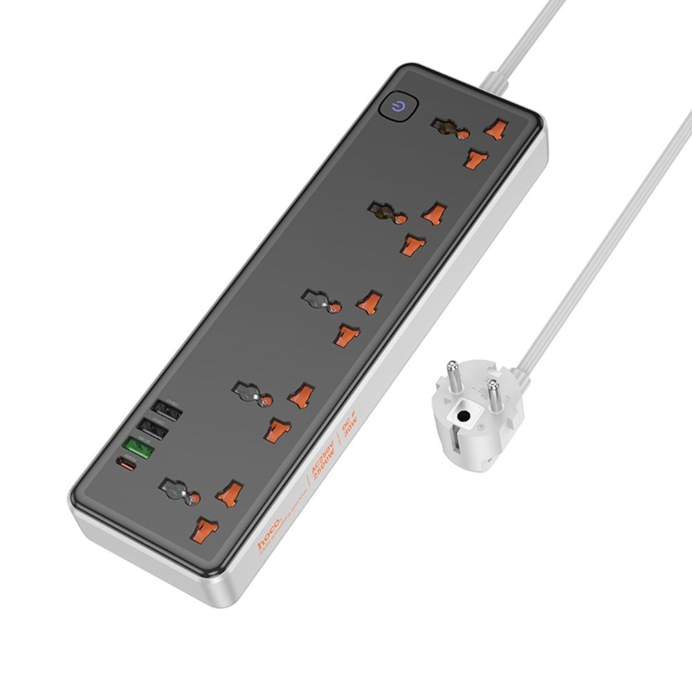 Сетевое зарядное устройство удлинитель Hoco AC13A, 3 USB, 1 Type-C, PowerDelivery (30 Вт), 5 розеток, 100 см, чорний