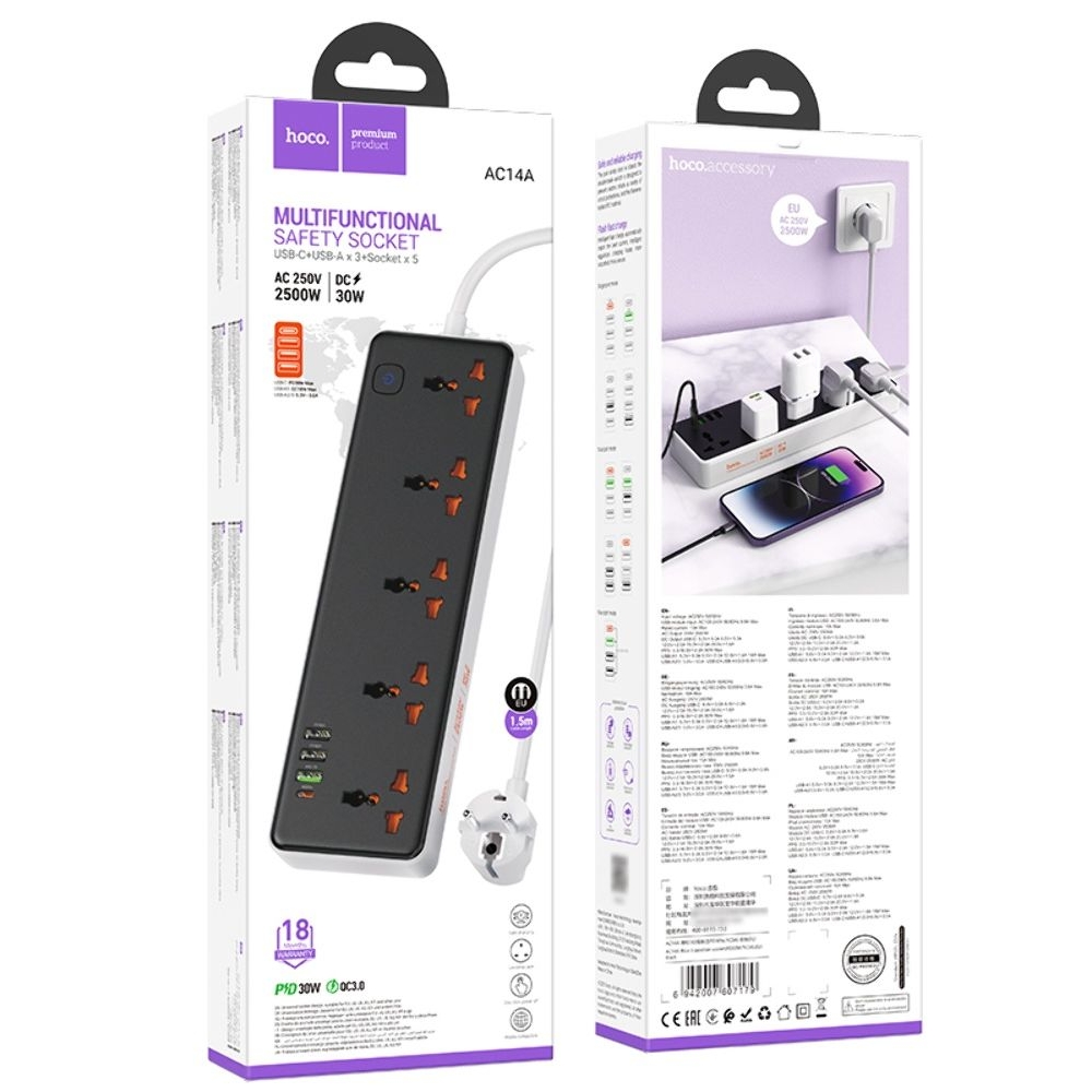 Сетевое зарядное устройство удлинитель Hoco AC13A, 3 USB, 1 Type-C, PowerDelivery (30 Вт), 5 розеток, 100 см, чорний