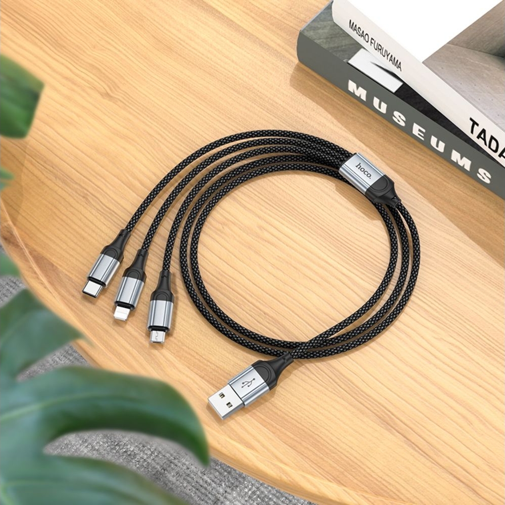 USB-кабель Hoco X102, 3 в 1, Lightning, Type-C, Micro-USB, 100 см, чорний, только для зарядки, режим передачи данных отключен