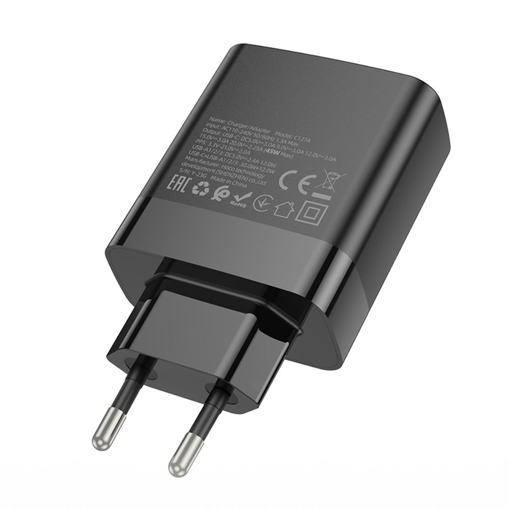 Сетевое зарядное устройство Hoco C127A, 3 USB, Type-C, Power Delivery (45 Вт), черное