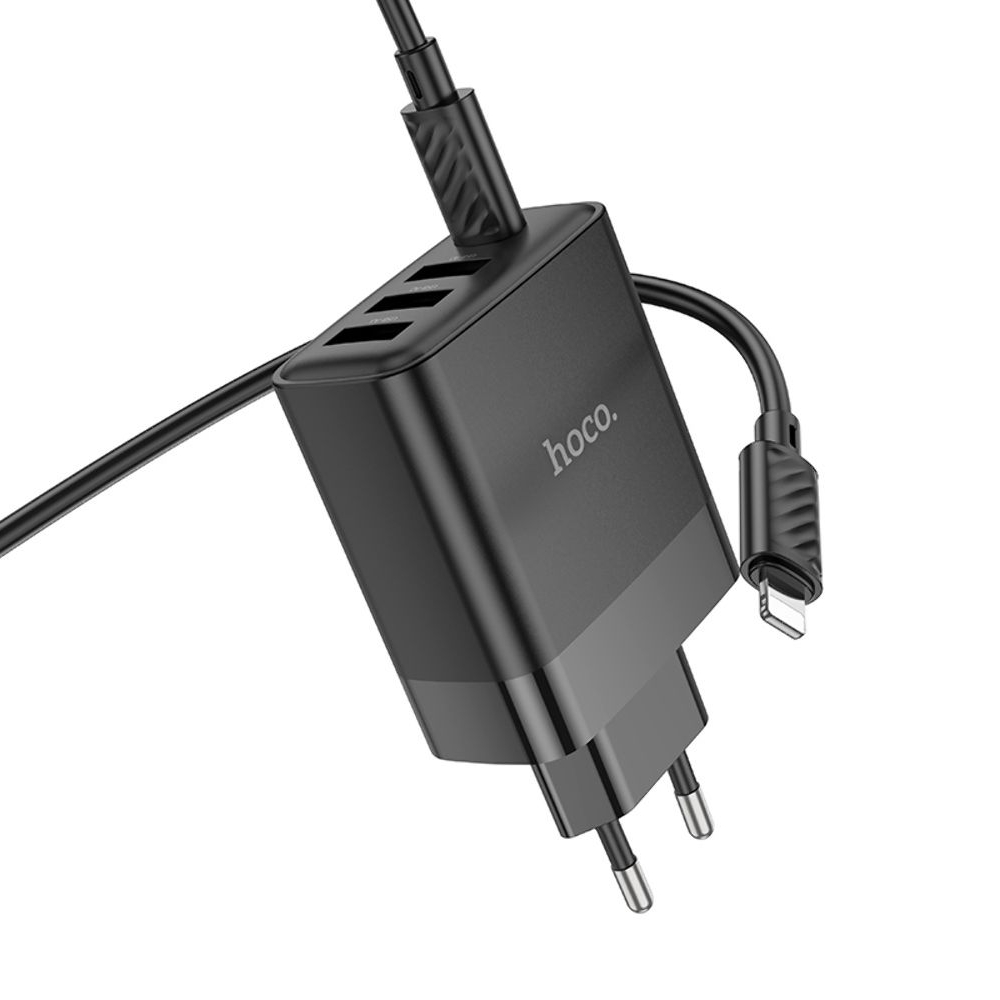 Сетевое зарядное устройство Hoco C127A, 3 USB, Type-C PD45W, черное, с кабелем Type-C на Lightning