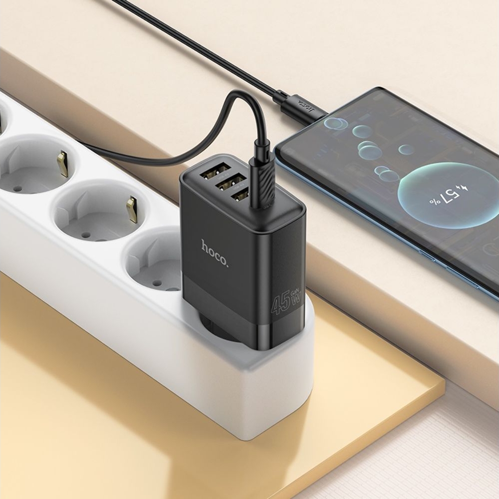 Сетевое зарядное устройство Hoco C127A, 3 USB, Type-C, Power Delivery (45 Вт), черное, с кабелем Type-C на Type-C
