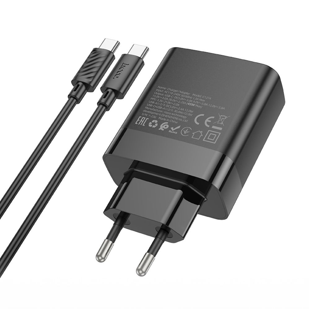 Сетевое зарядное устройство Hoco C127A, 3 USB, Type-C, Power Delivery (45 Вт), черное, с кабелем Type-C на Type-C