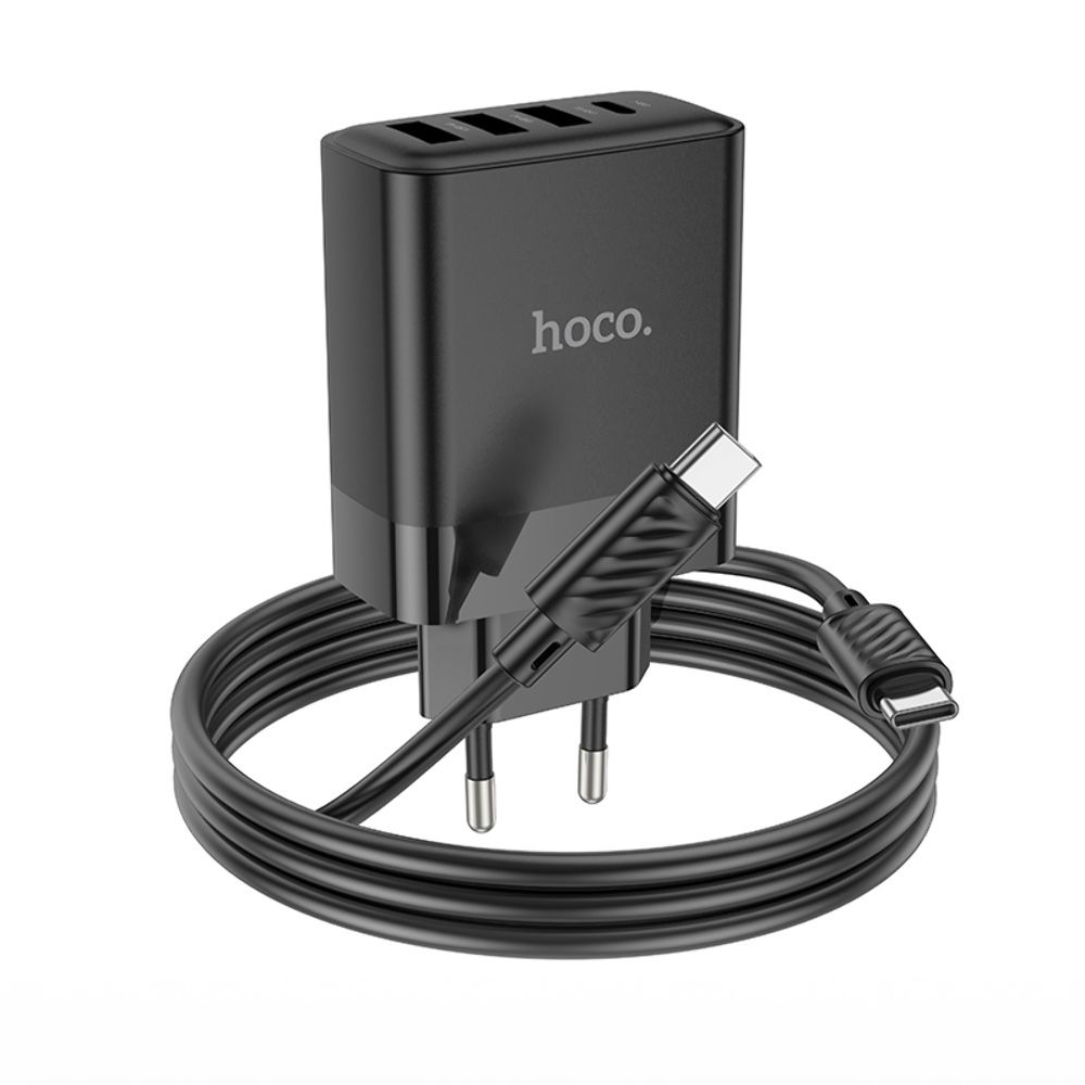 Сетевое зарядное устройство Hoco C127A, 3 USB, Type-C, Power Delivery (45 Вт), черное, с кабелем Type-C на Type-C