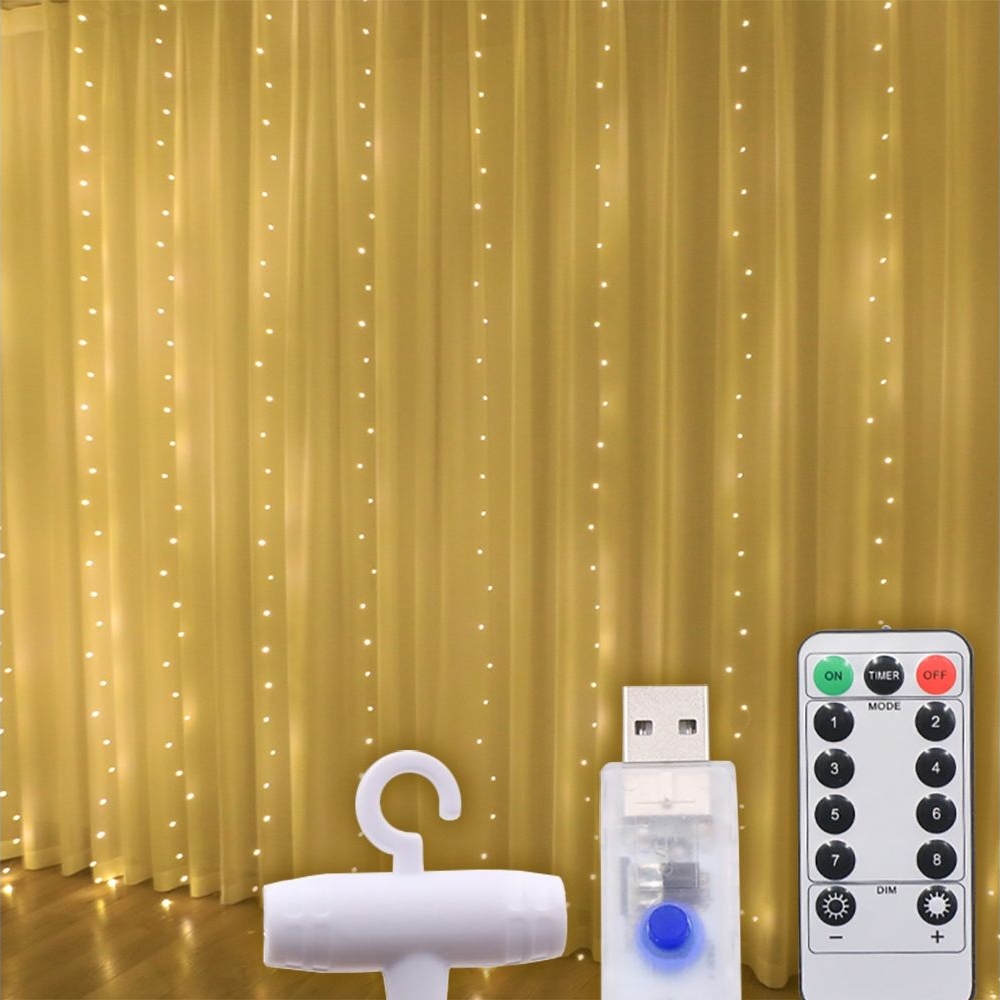 Светодиодная гирлянда USB штора, медная нить, теплый, білий, 3x2 м, 8 режимов, с пультом