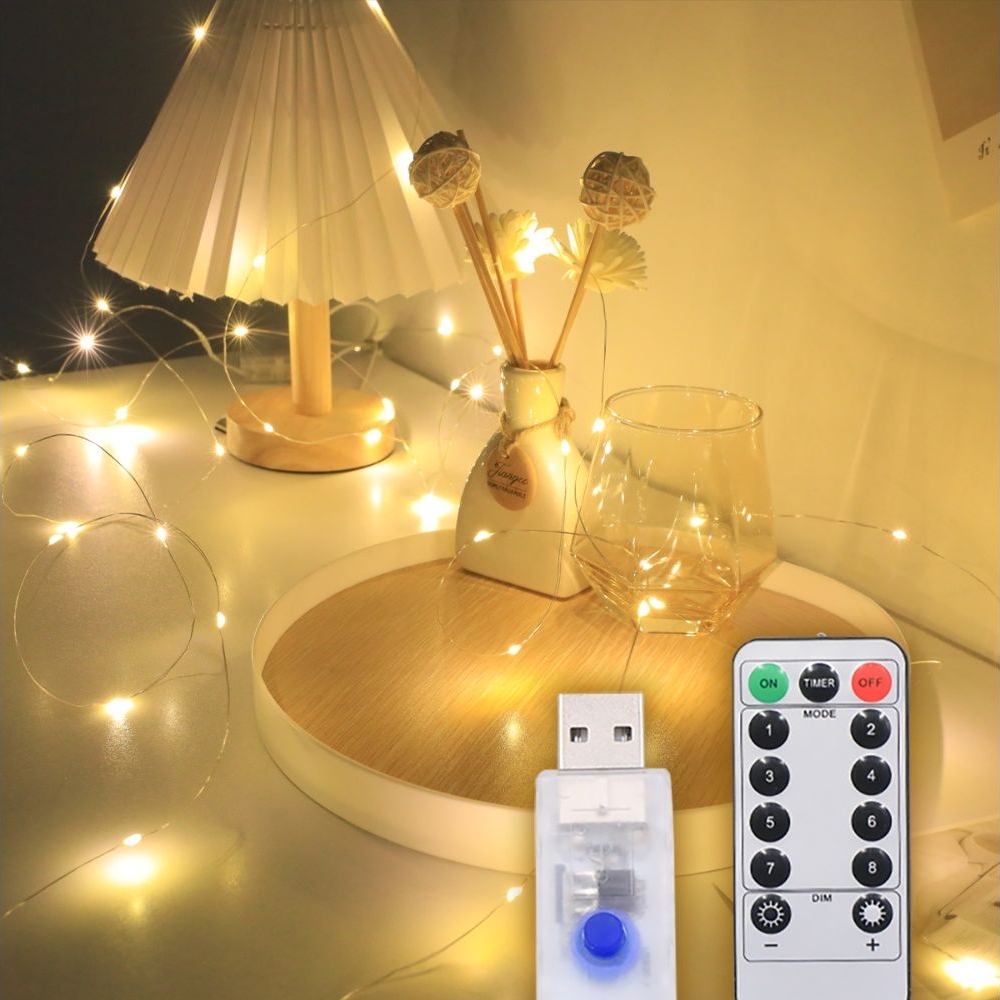 Светодиодная гирлянда USB, медная нить, теплый, білий, 20 м, 200 светодиодов, 8 режимов, с пультом