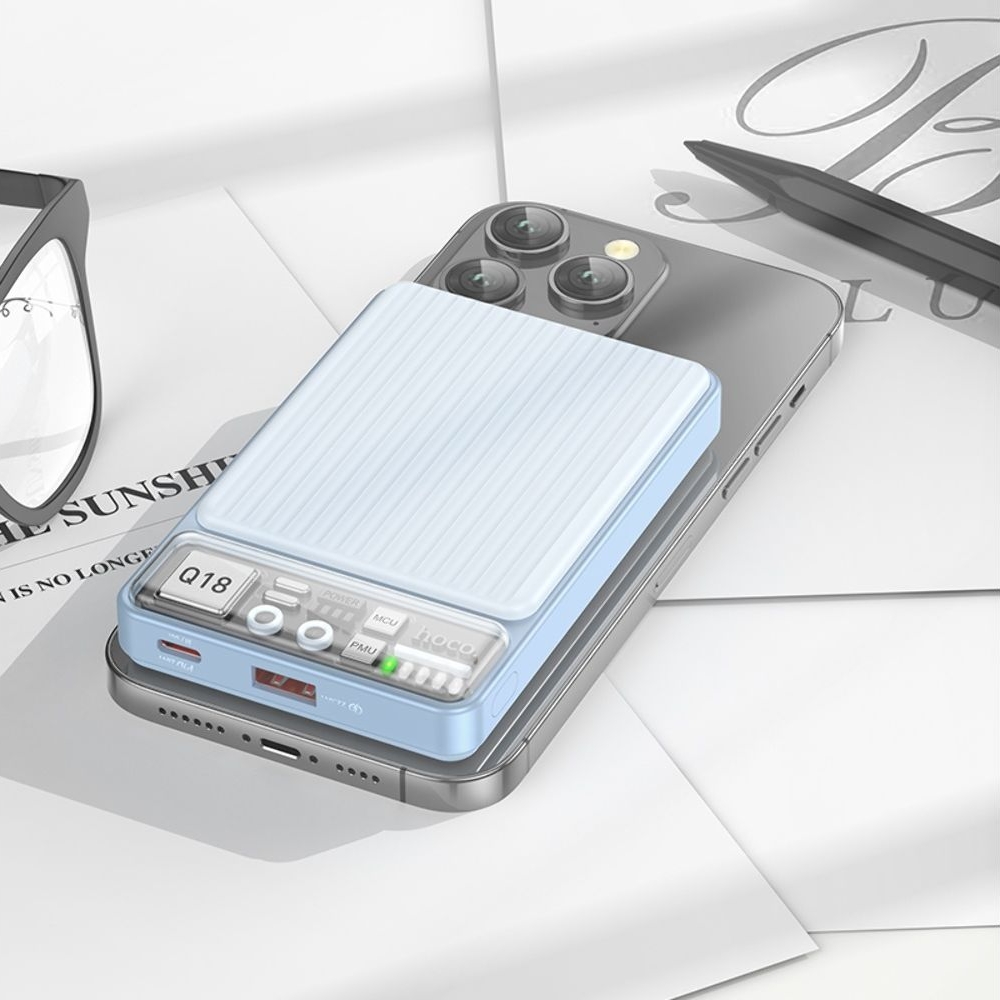 Power bank Hoco Q18, 10000mAh, PD, 22.5W, магнитный, с функцией беспроводной зарядки, синій
