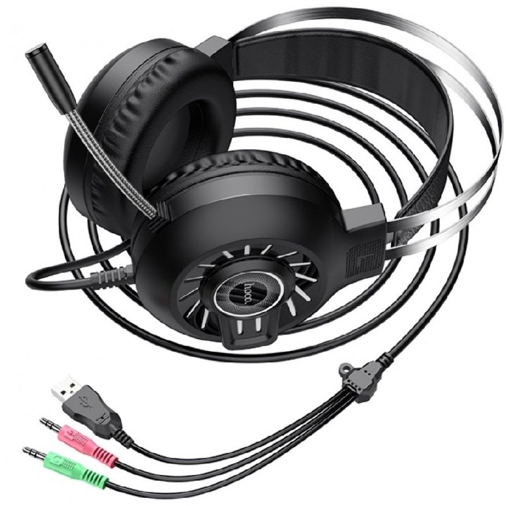 Наушники накладные игровые Hoco ESD04, с микрофоном, с LED-подсветкой, 3.5 мм, черные