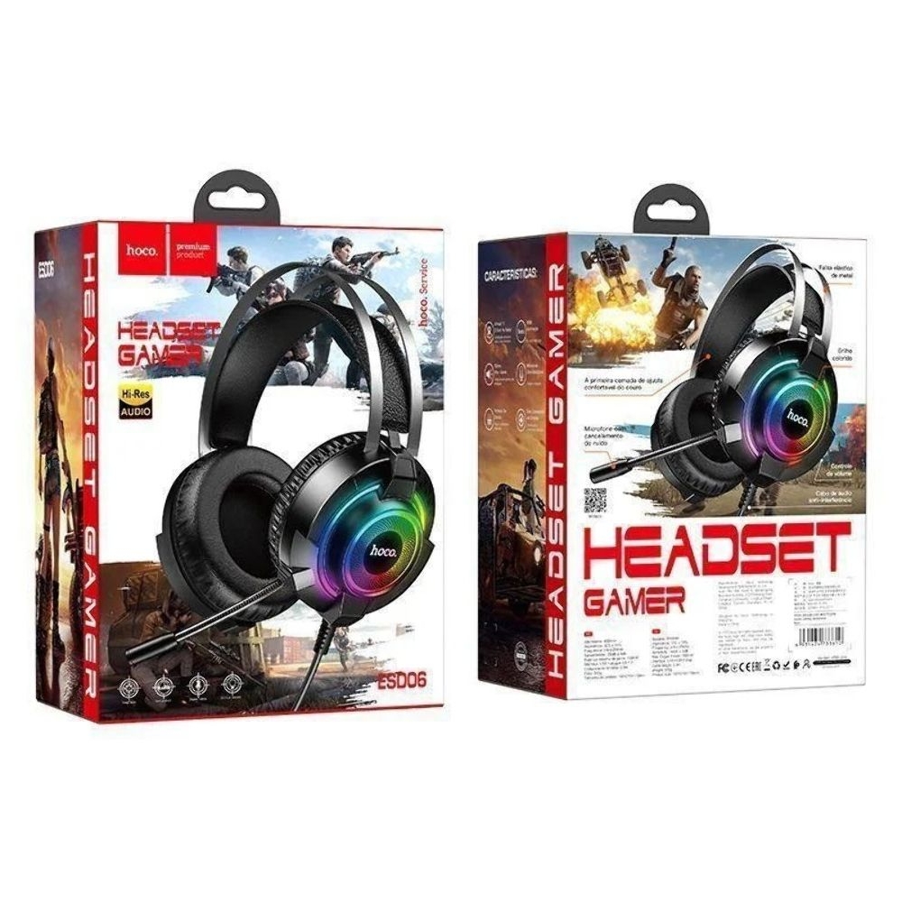 Наушники накладные игровые Hoco ESD06, с микрофоном, с LED-подсветкой, 3.5 мм, черные